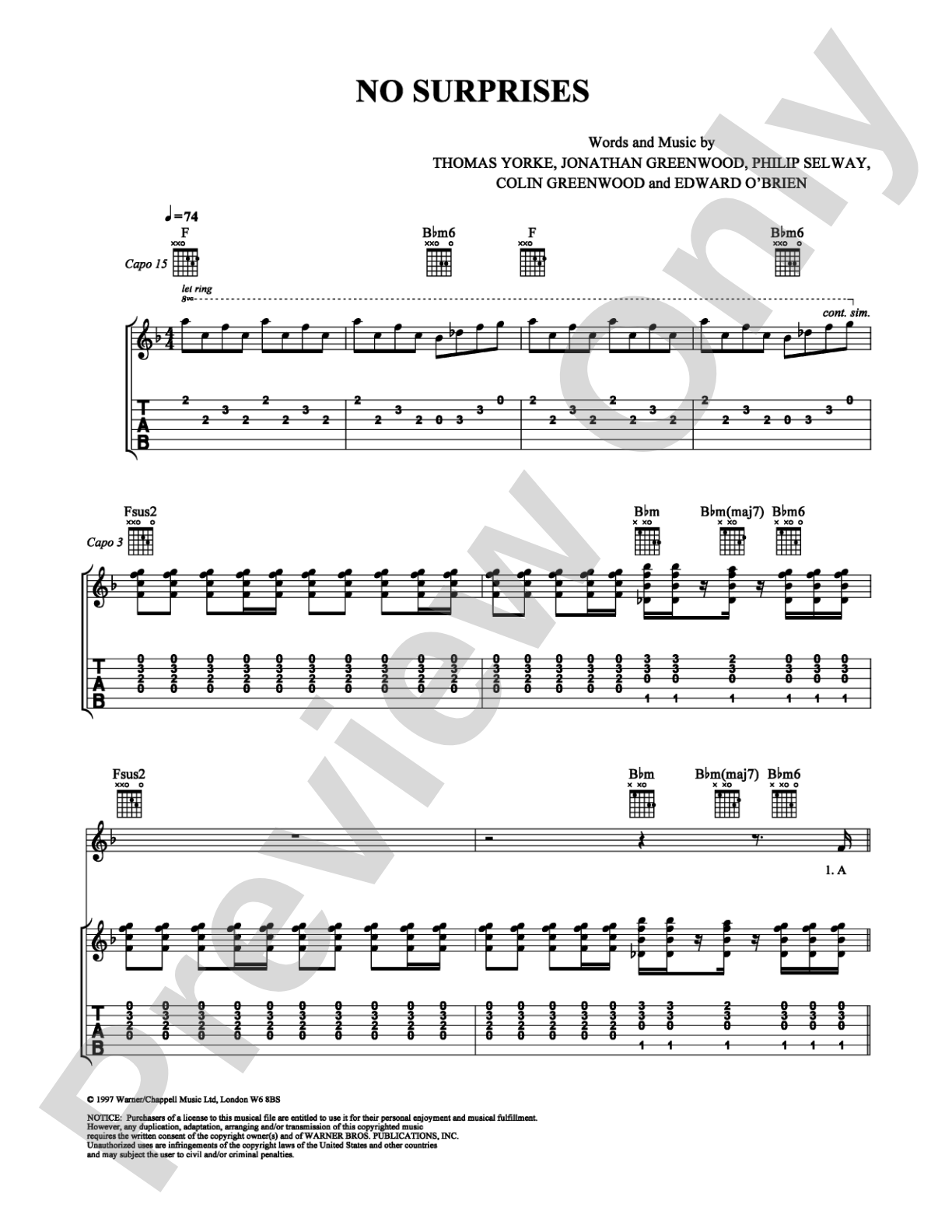 No Surprises: Guitar TAB Digital Sheet Music