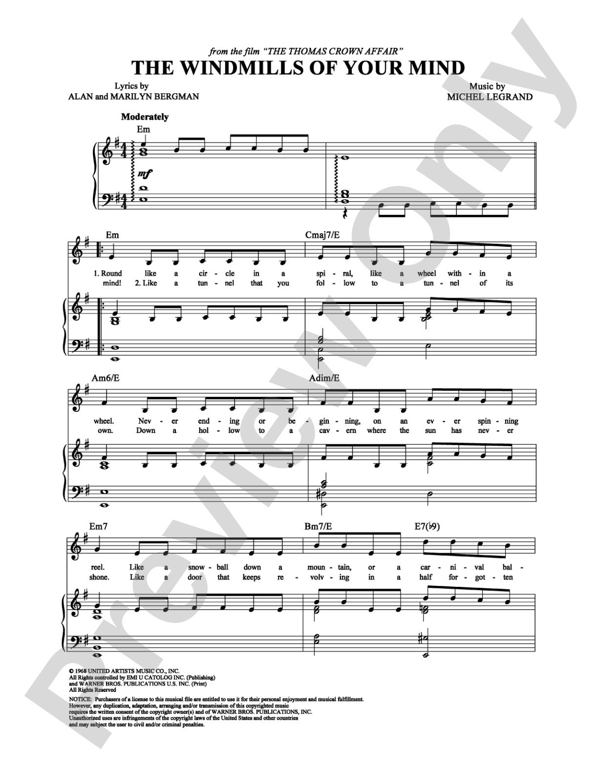 The Windmills of Your Mind: Piano/Vocal/Chords Digital Sheet Music
