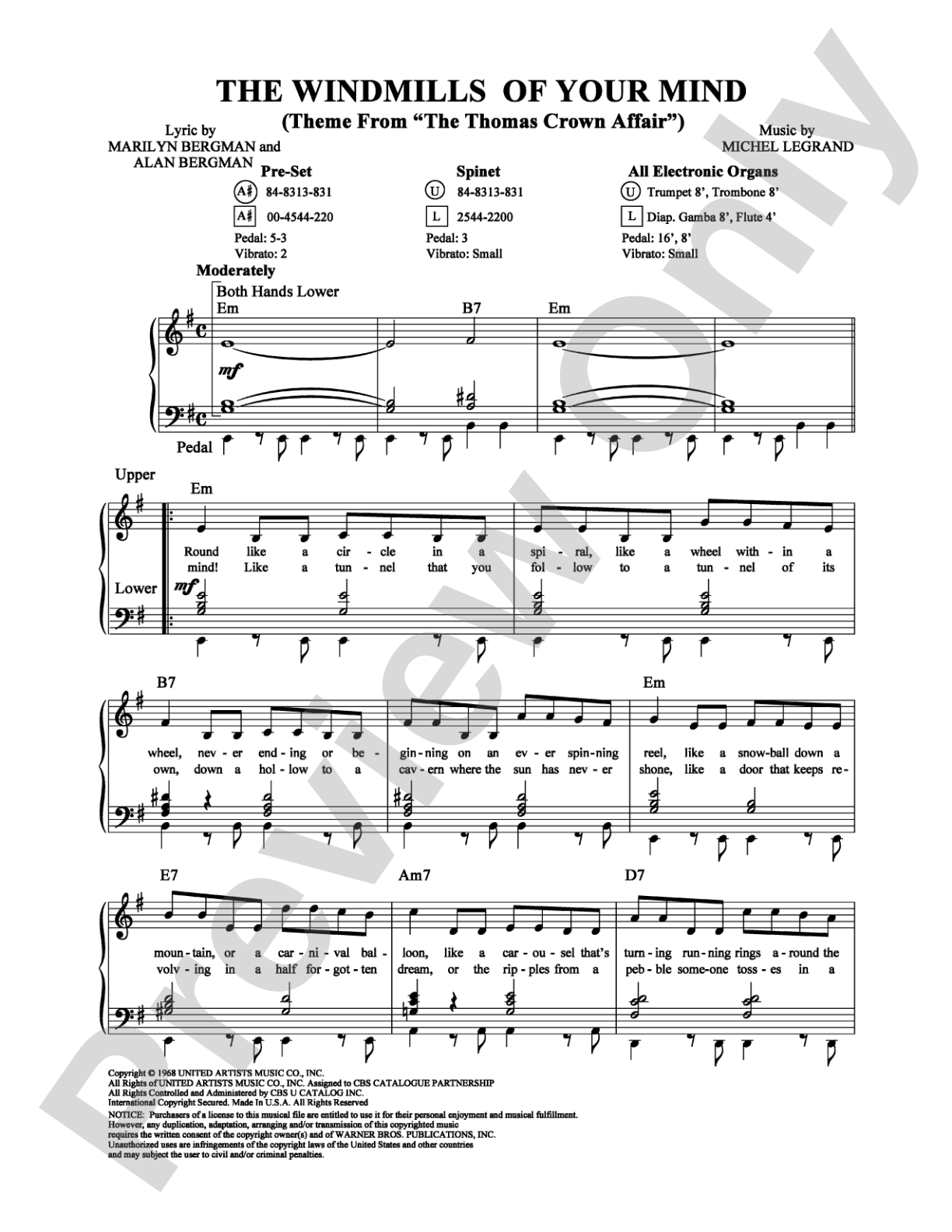 The Windmills of Your Mind: Organ Digital Sheet Music