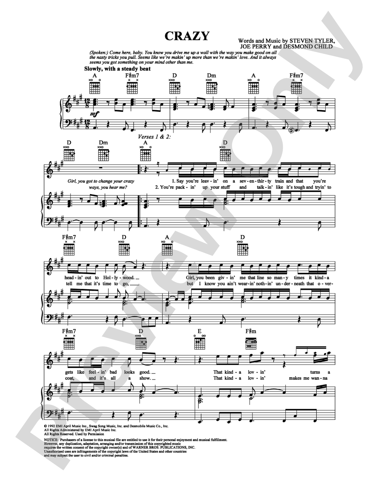 Crazy: Piano/Vocal/Chords Digital Sheet Music