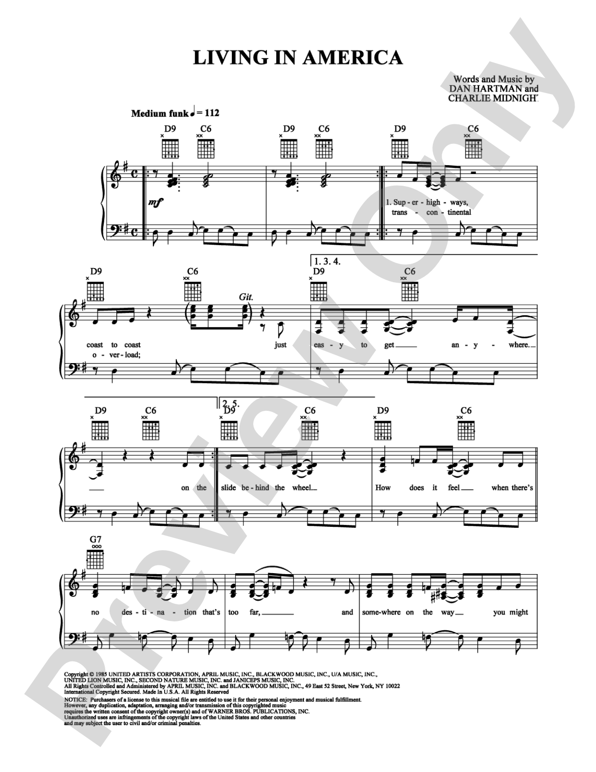 Living in America: Piano/Vocal/Chords Digital Sheet Music