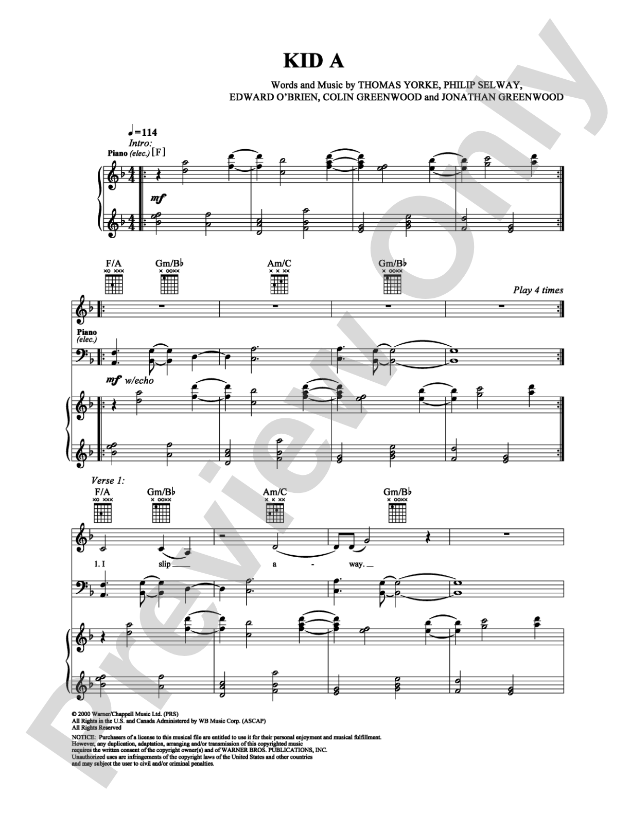Kid A: Piano/Vocal/Chords Digital Sheet Music