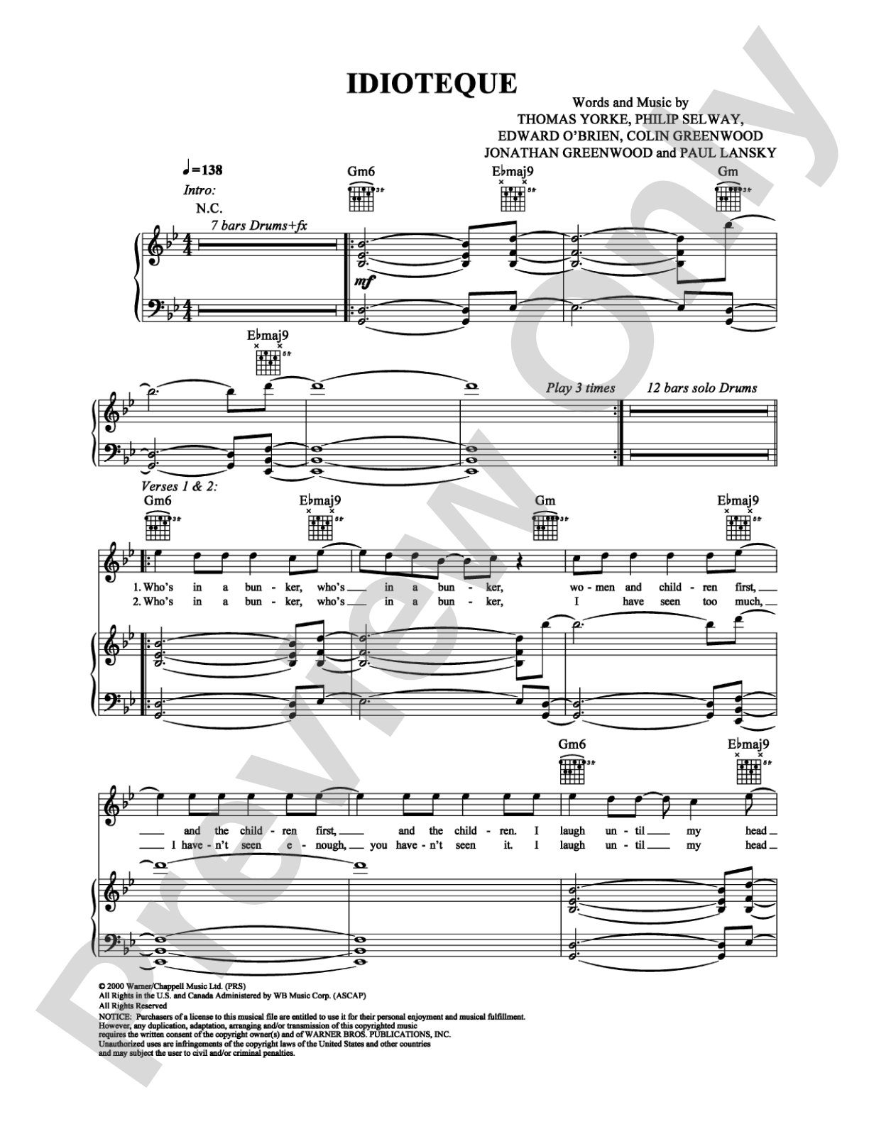 Idioteque: Piano/Vocal/Chords Digital Sheet Music