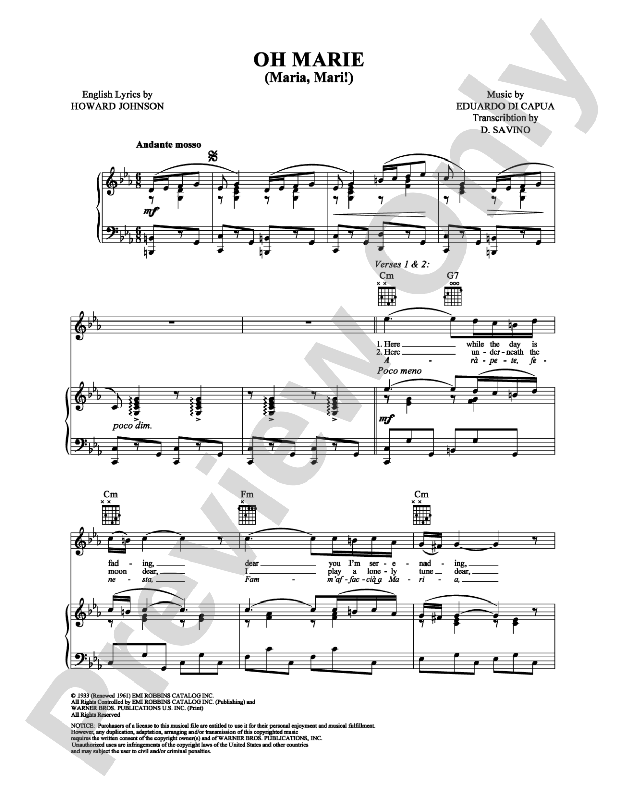 Oh Marie: Piano/Vocal/Chords Digital Sheet Music