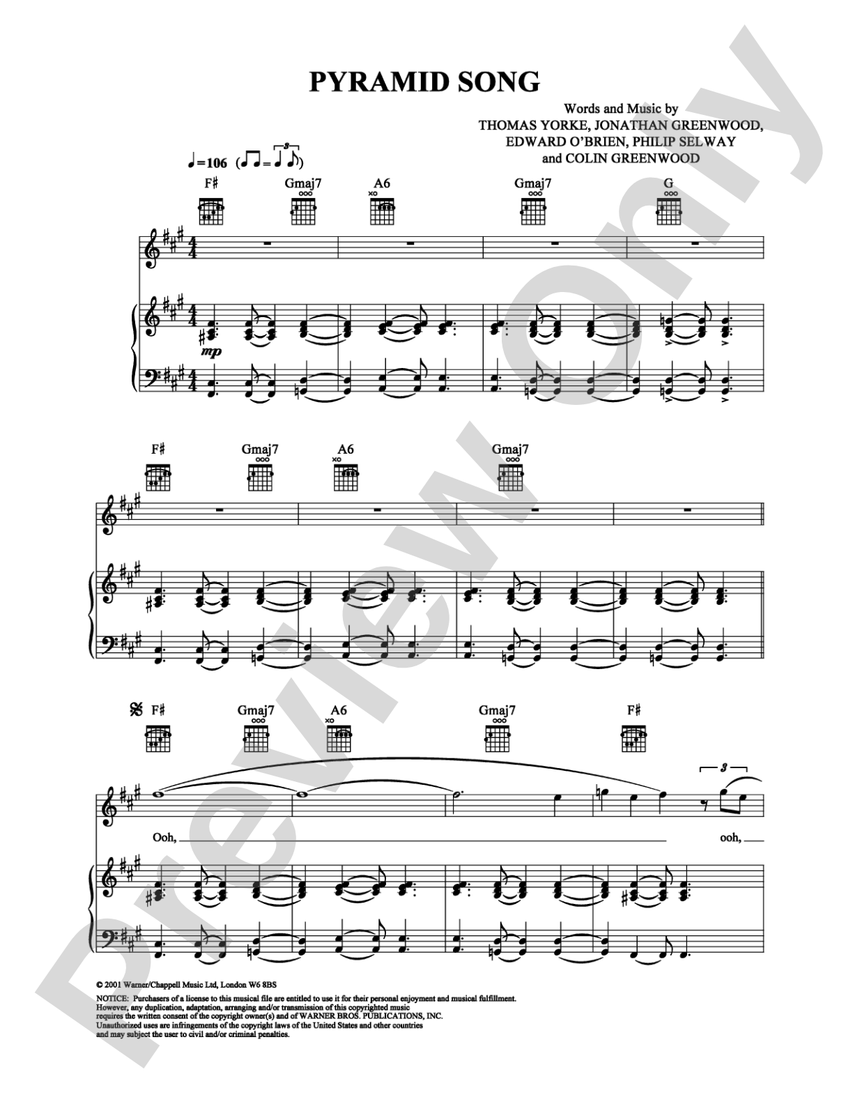 Pyramid Song: Piano/Vocal/Chords Digital Sheet Music