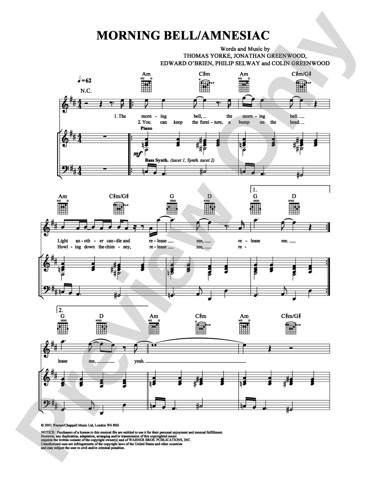 Morning Bell/Amnesiac: Piano/Vocal/Chords Digital Sheet Music