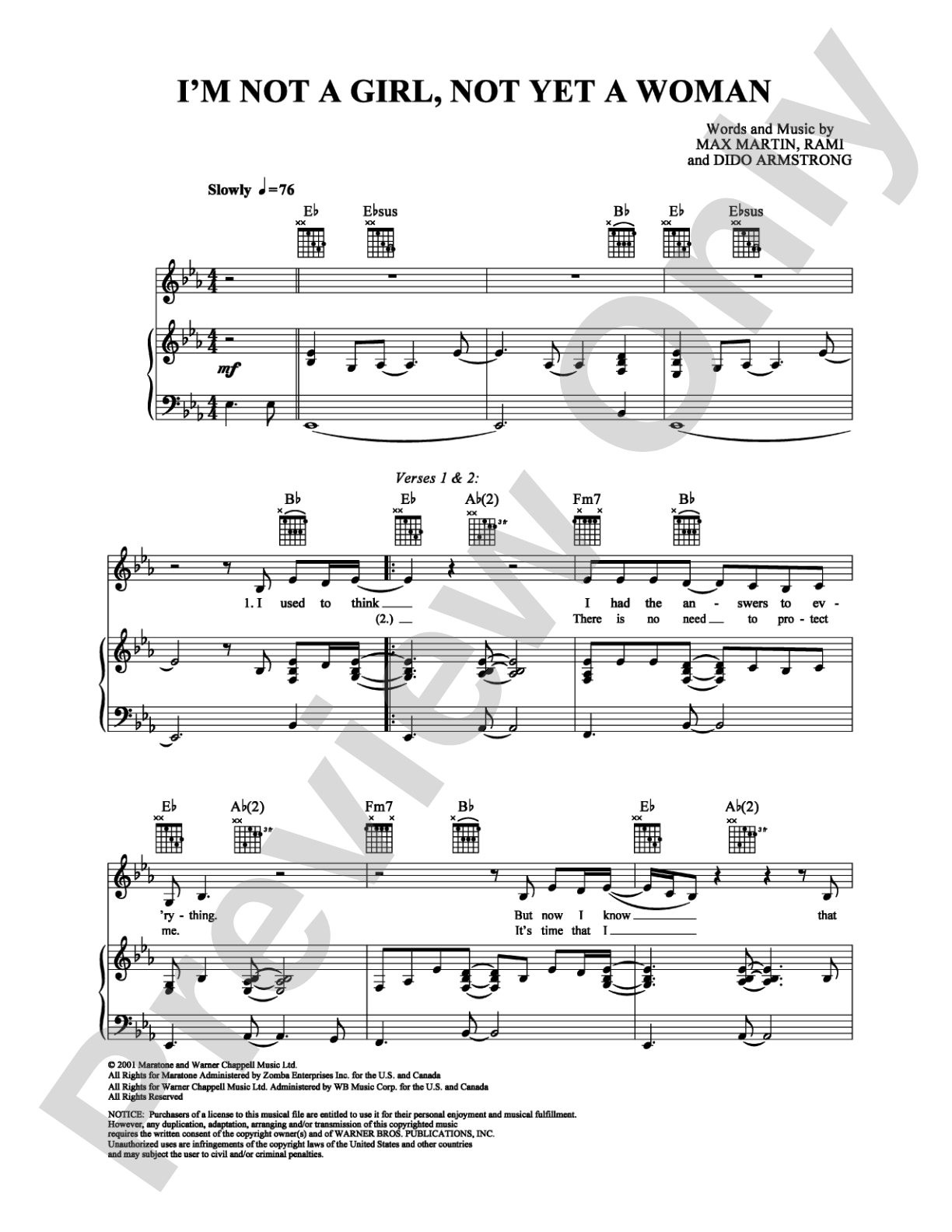 I'm Not a Girl, Not Yet a Woman: Piano/Vocal/Chords Digital Sheet Music