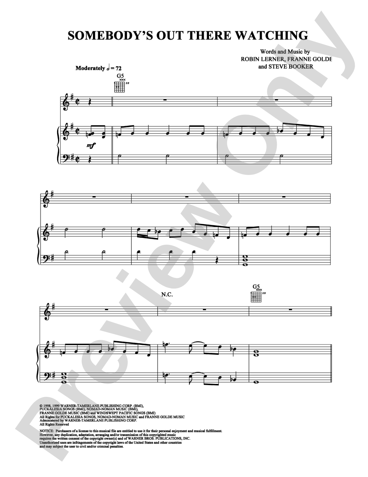Somebody's Out There Watching: Piano/Vocal/Chords Digital Sheet Music
