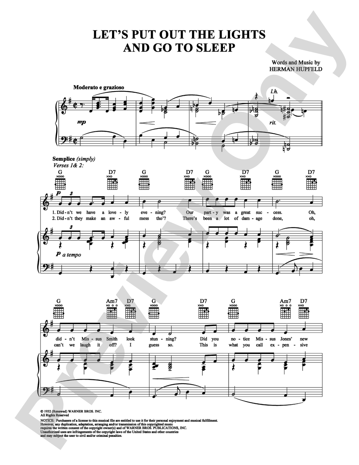 Let's Put Out the Lights and Go to Sleep: Piano/Vocal/Chords Digital Sheet Music