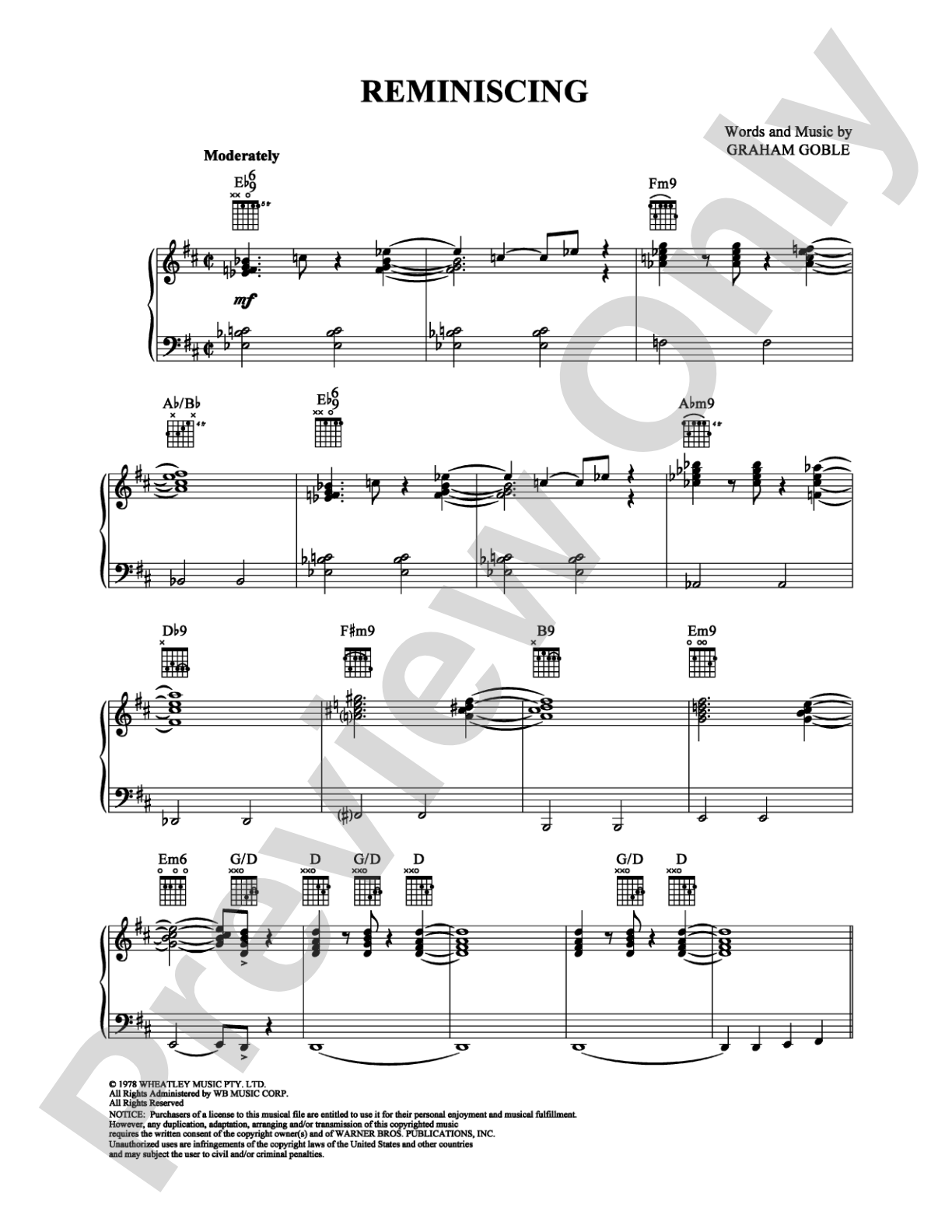 Reminiscing: Piano/Vocal/Chords Digital Sheet Music