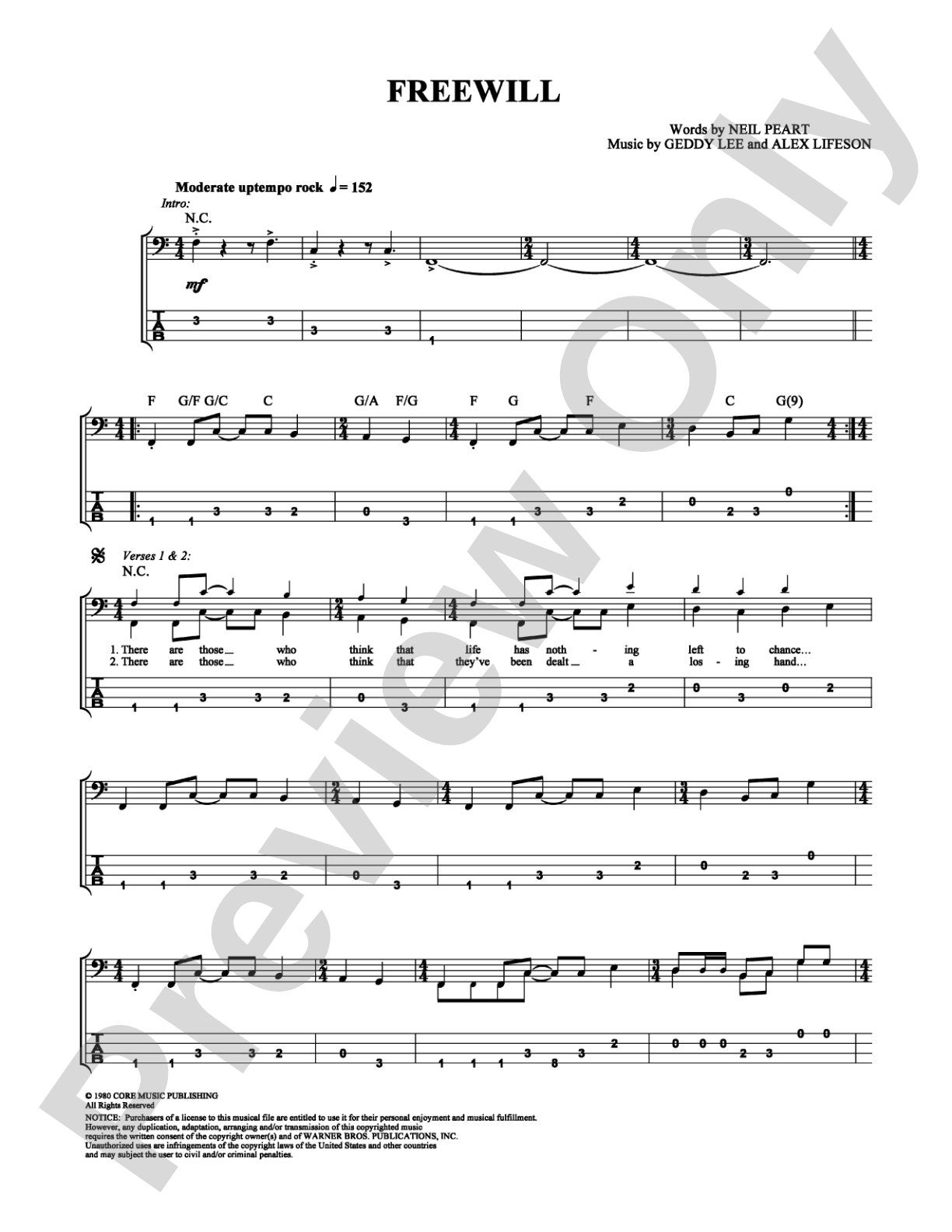 Free Will: Bass TAB Digital Sheet Music