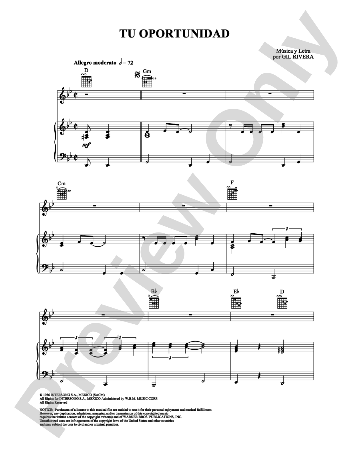 Tu Oportunidad: Piano/Vocal/Chords Digital Sheet Music