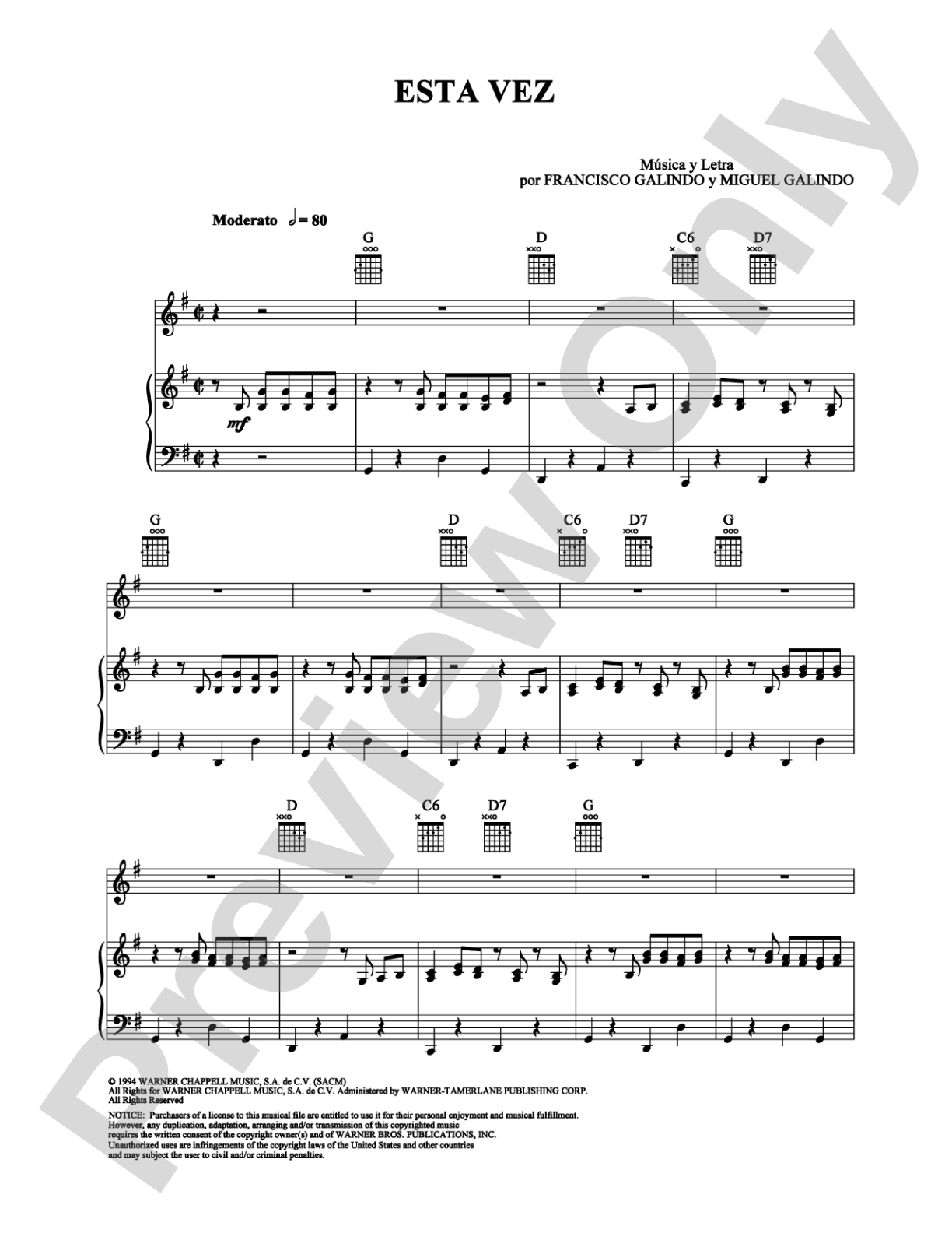 Esta Vez: Piano/Vocal/Chords Digital Sheet Music