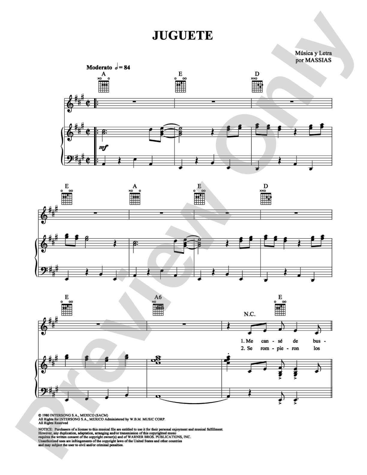 Juguete: Piano/Vocal/Chords Digital Sheet Music
