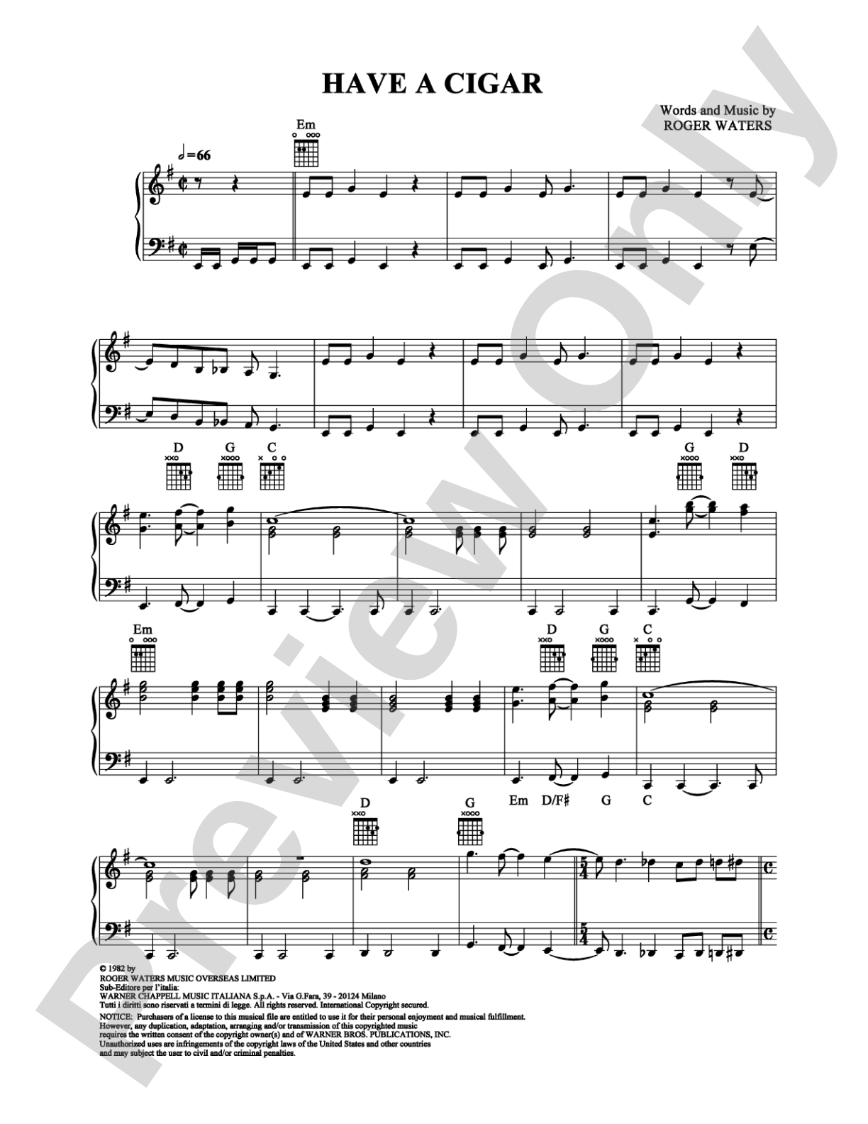 Have a Cigar: Piano/Vocal/Chords Digital Sheet Music