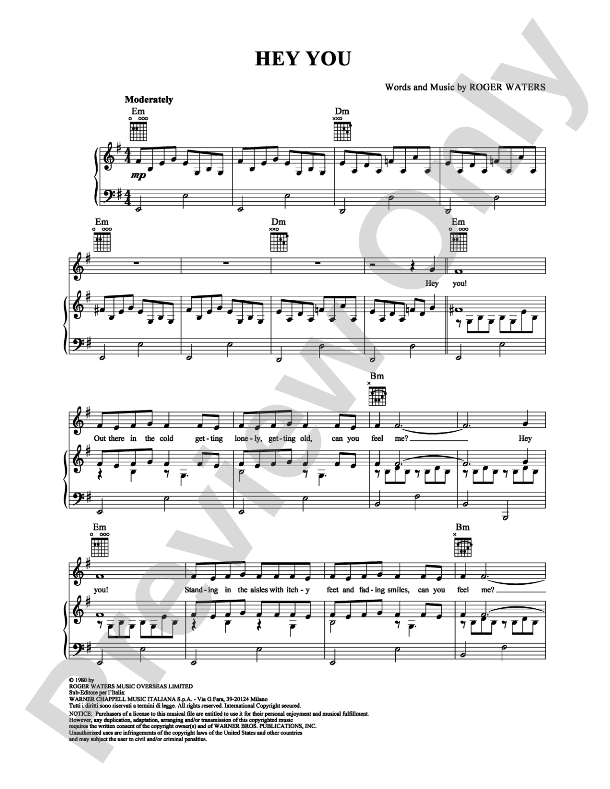 Hey You: Piano/Vocal/Chords Digital Sheet Music