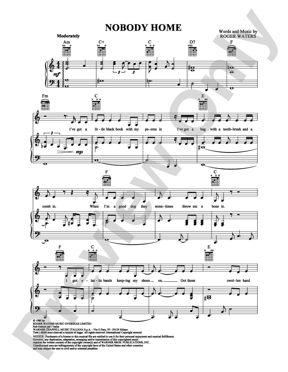Nobody Home: Piano/Vocal/Chords Digital Sheet Music
