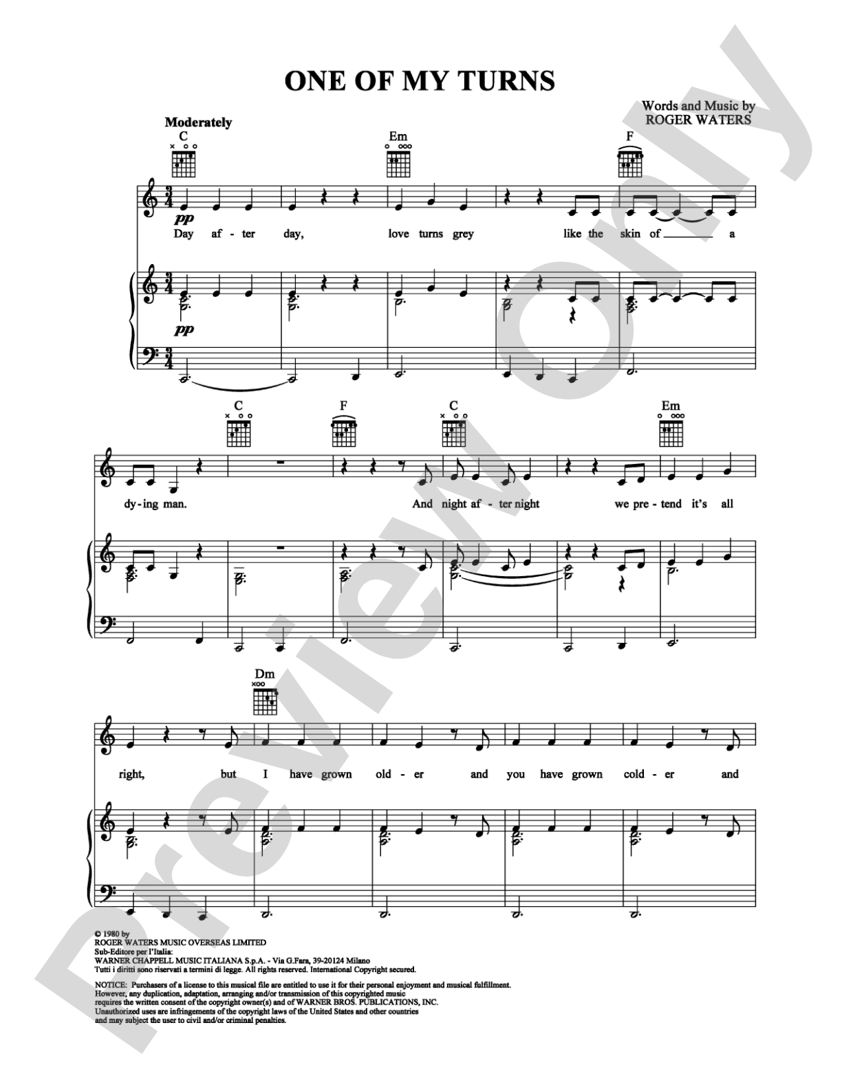 One of My Turns: Piano/Vocal/Chords Digital Sheet Music
