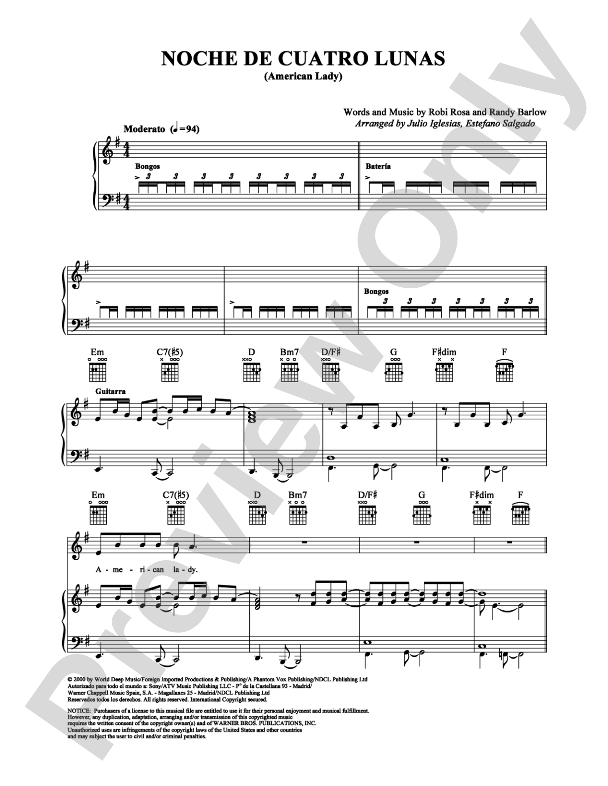 Noche de Cuatro Lunas: Piano/Vocal/Chords Digital Sheet Music