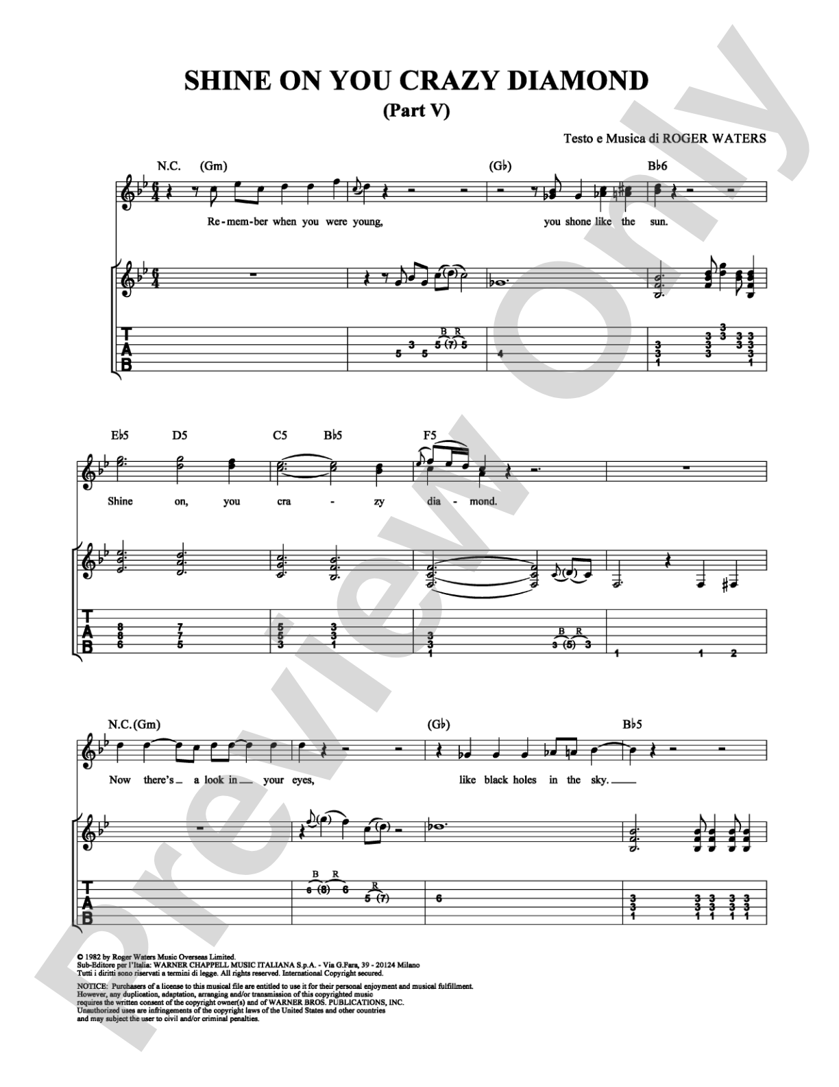 Shine On You Crazy Diamond (Part V): Guitar TAB Digital Sheet Music