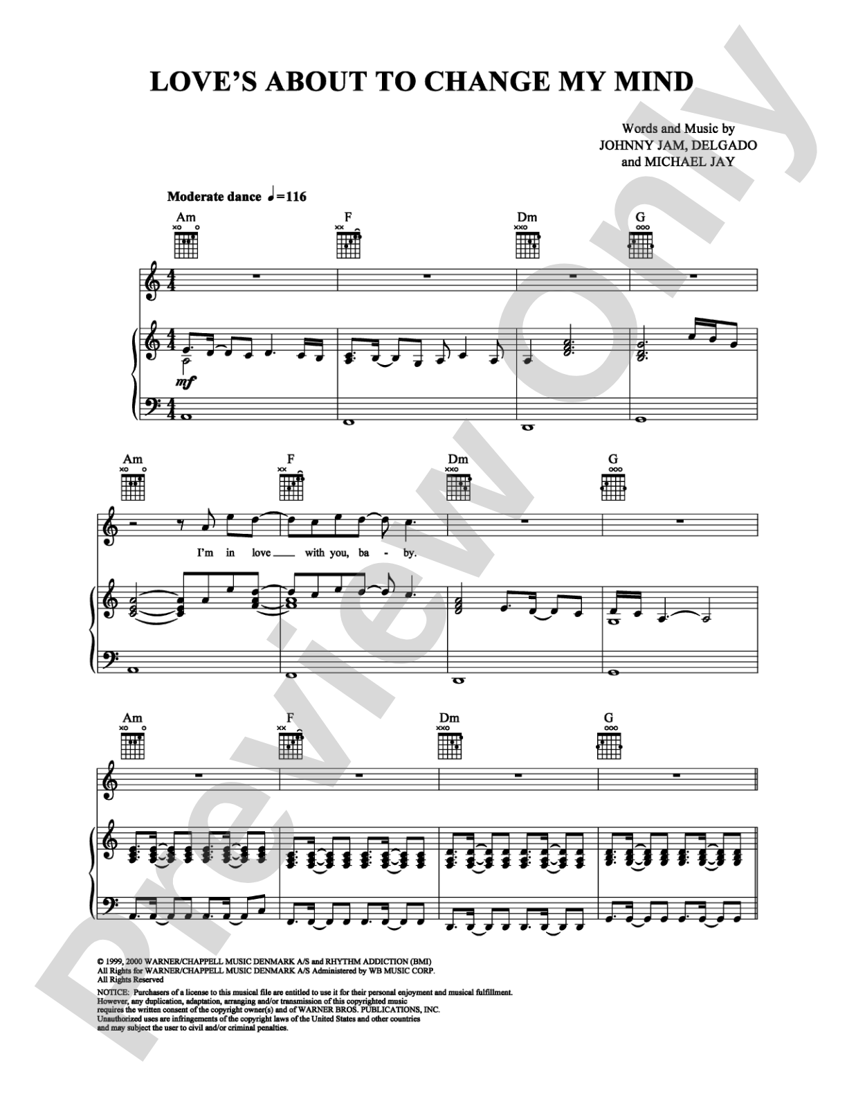Love's About to Change My Mind: Piano/Vocal/Chords Digital Sheet Music