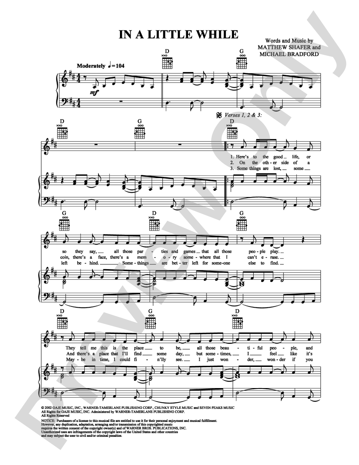 In a Little While: Piano/Vocal/Chords Digital Sheet Music