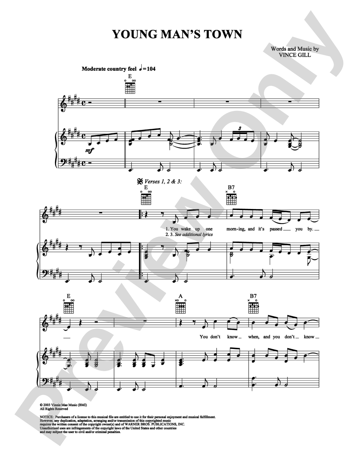 Young Man's Town: Piano/Vocal/Chords Digital Sheet Music