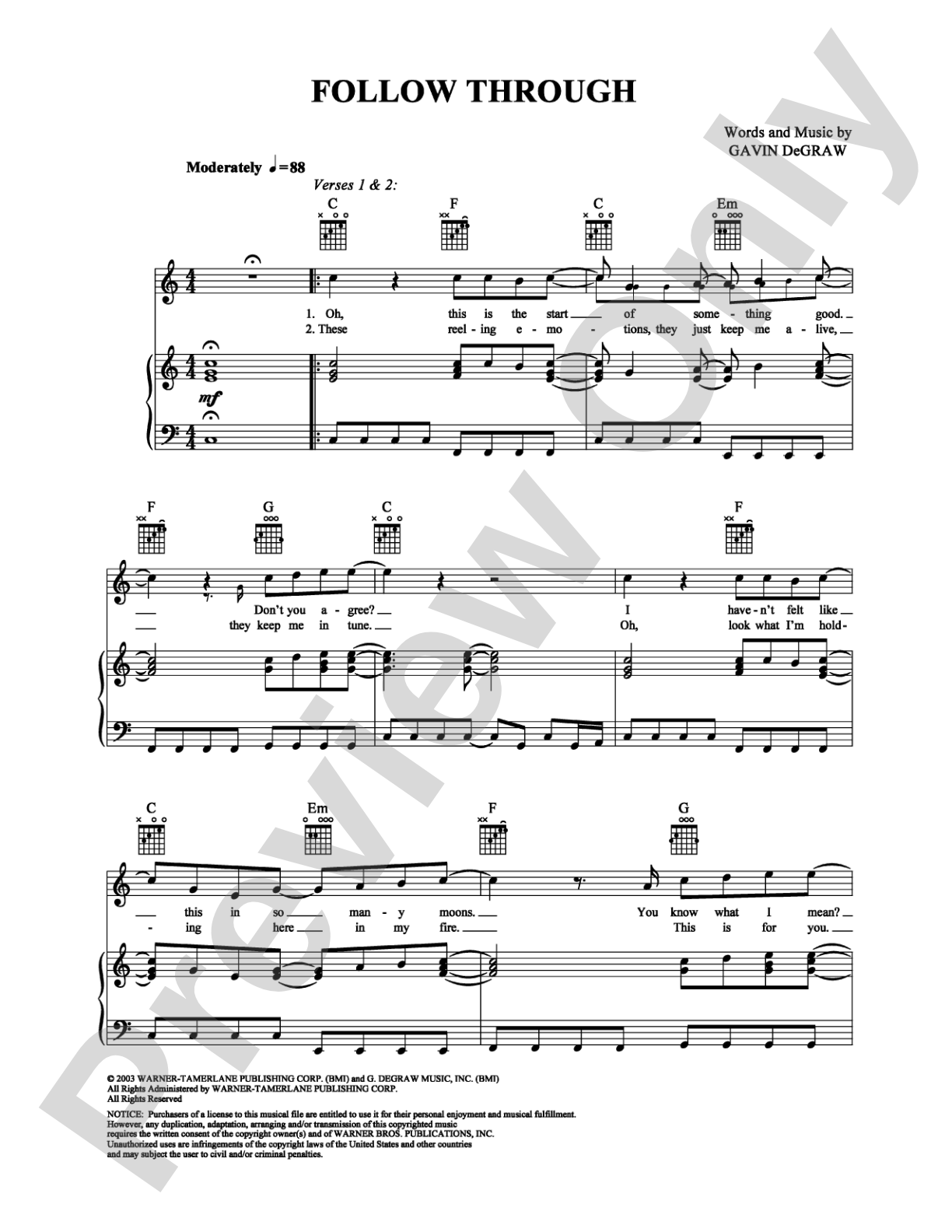 Follow Through: Piano/Vocal/Chords Digital Sheet Music