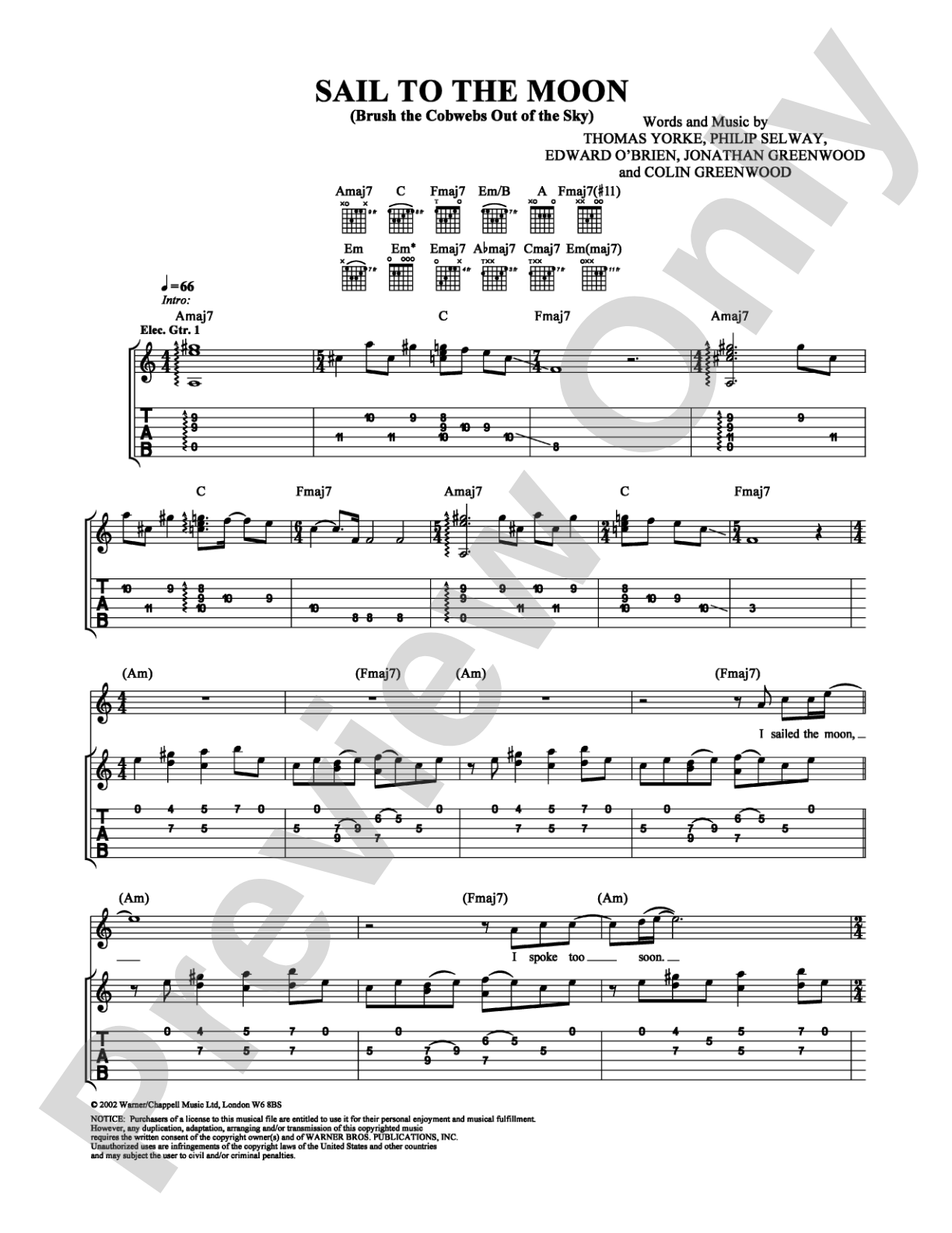 Sail to the Moon: Guitar TAB Digital Sheet Music
