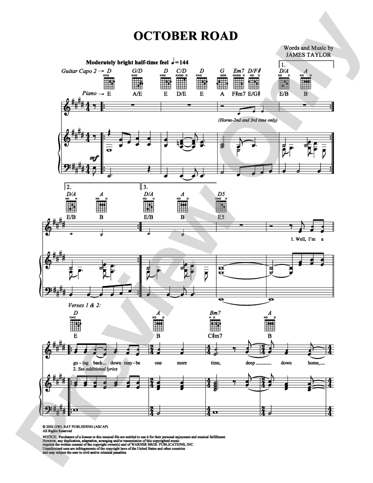 October Road: Piano/Vocal/Chords Digital Sheet Music