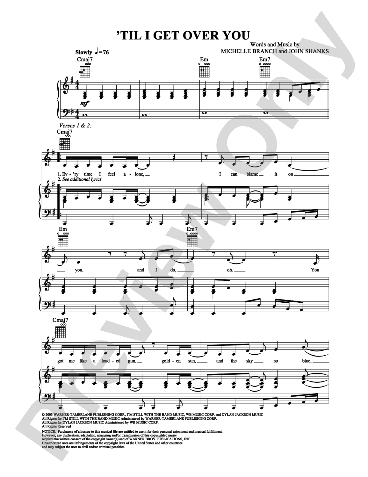 Til I Get Over You: Piano/Vocal/Chords Digital Sheet Music