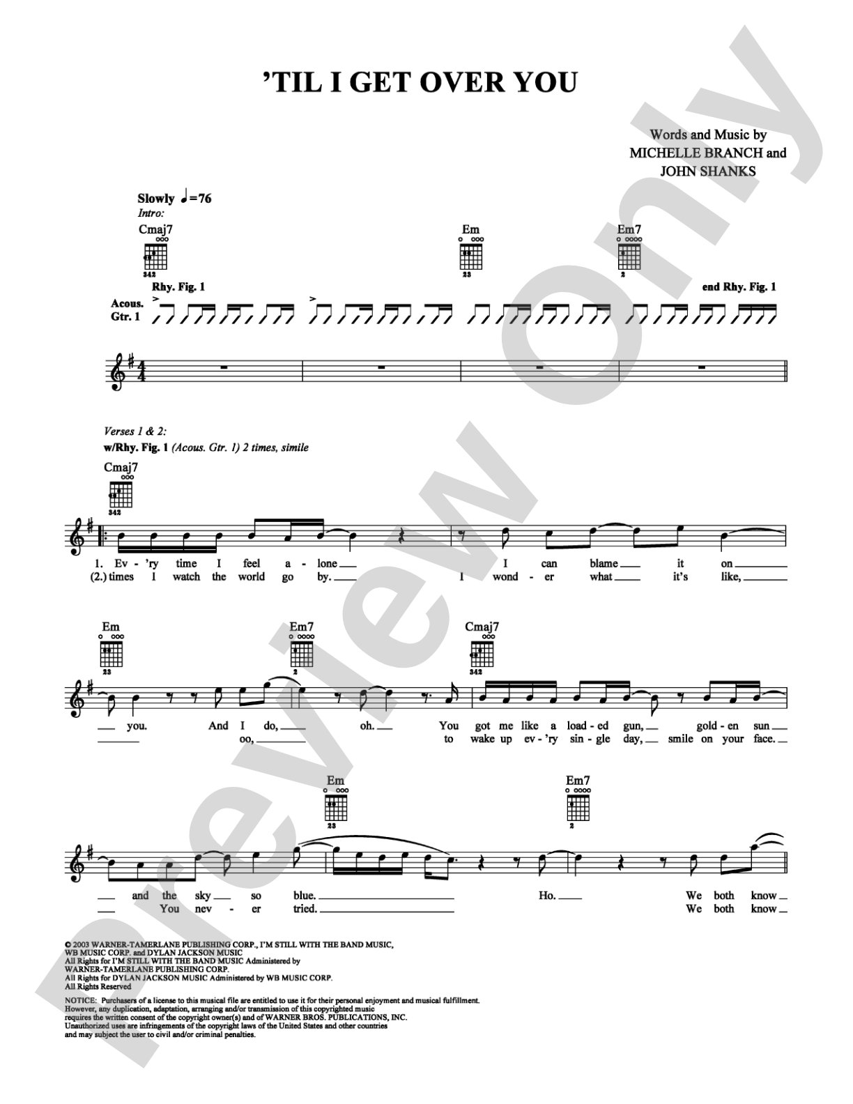 Til I Get Over You: Guitar TAB Digital Sheet Music
