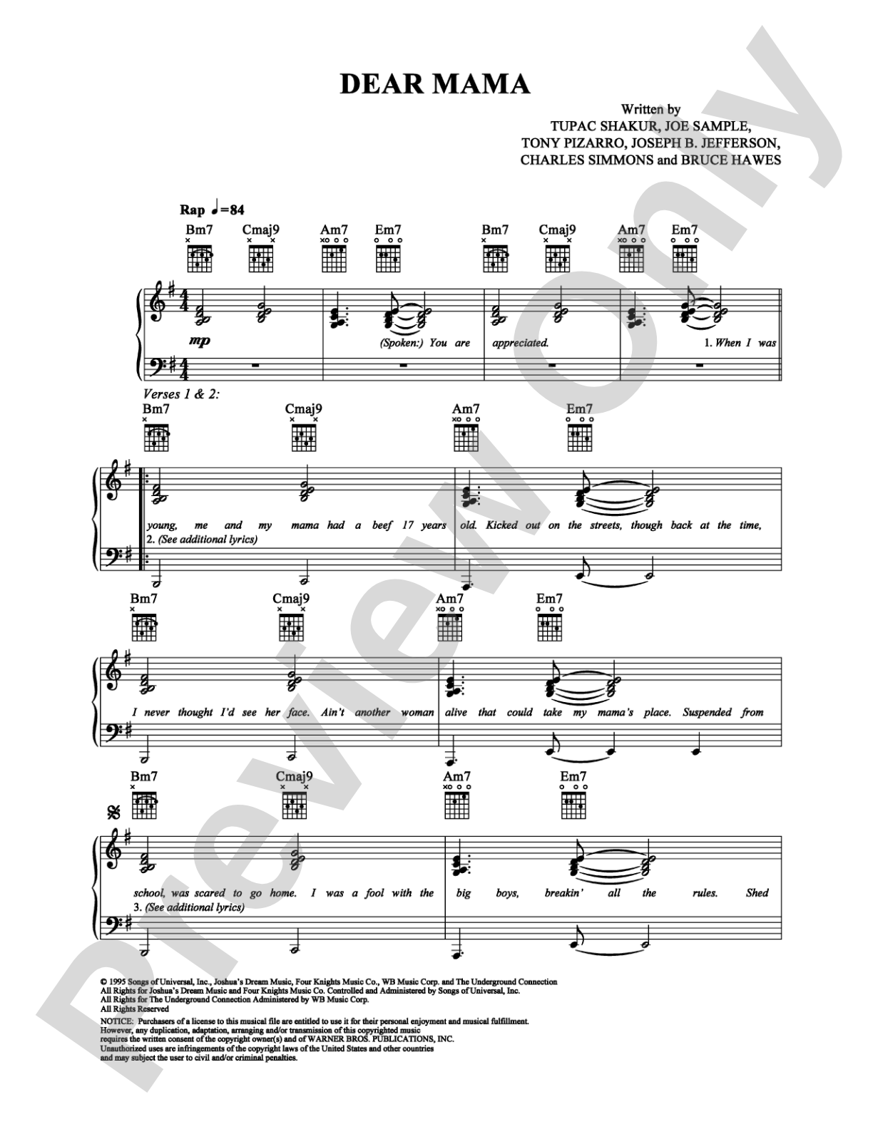 Dear Mama: Piano/Vocal/Chords Digital Sheet Music