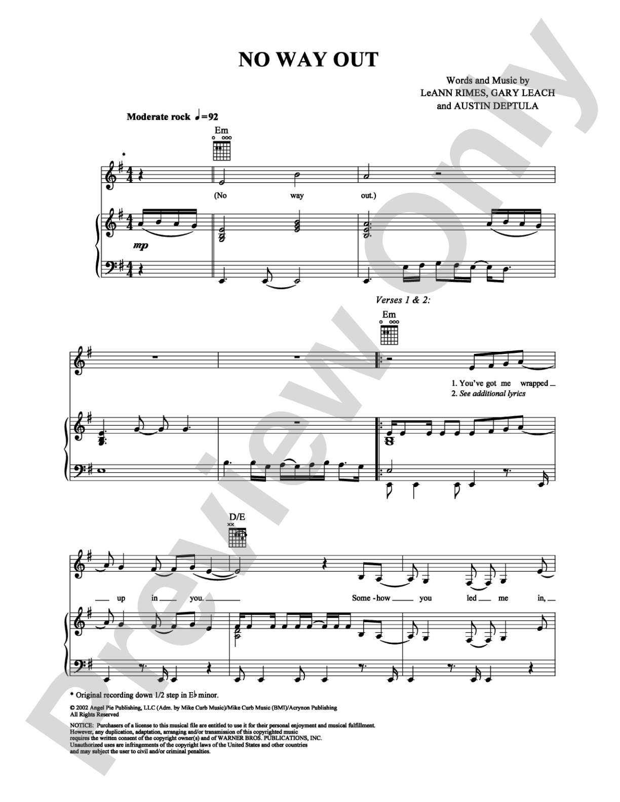 No Way Out: Piano/Vocal/Chords Digital Sheet Music