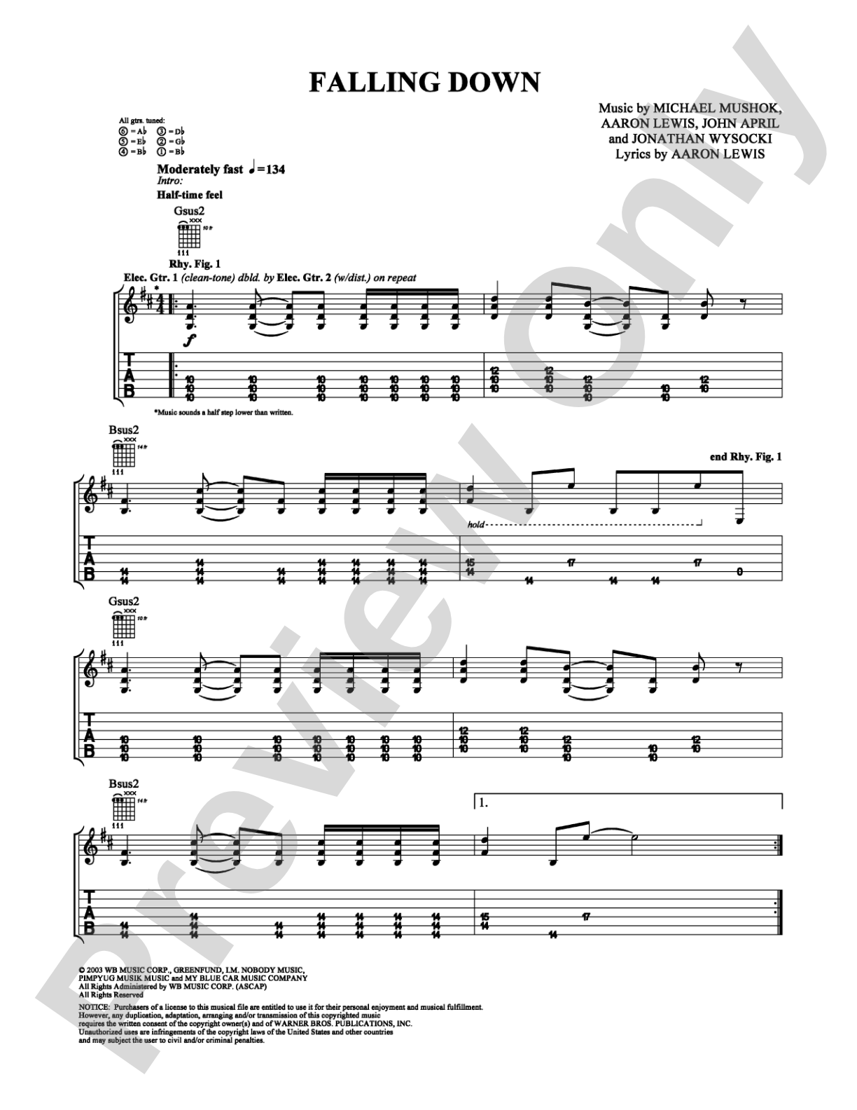 Falling Down: Guitar TAB Digital Sheet Music