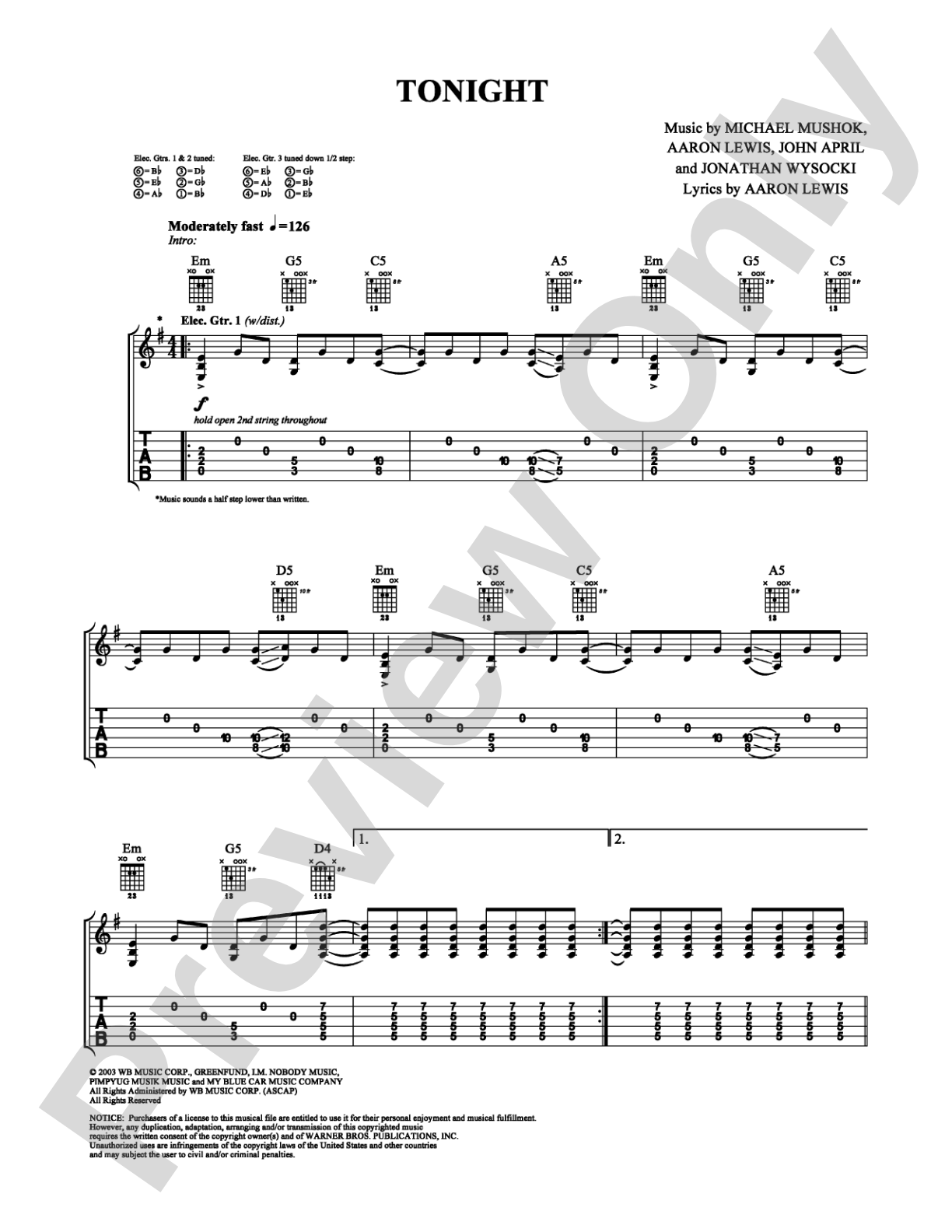 Tonight: Guitar TAB Digital Sheet Music