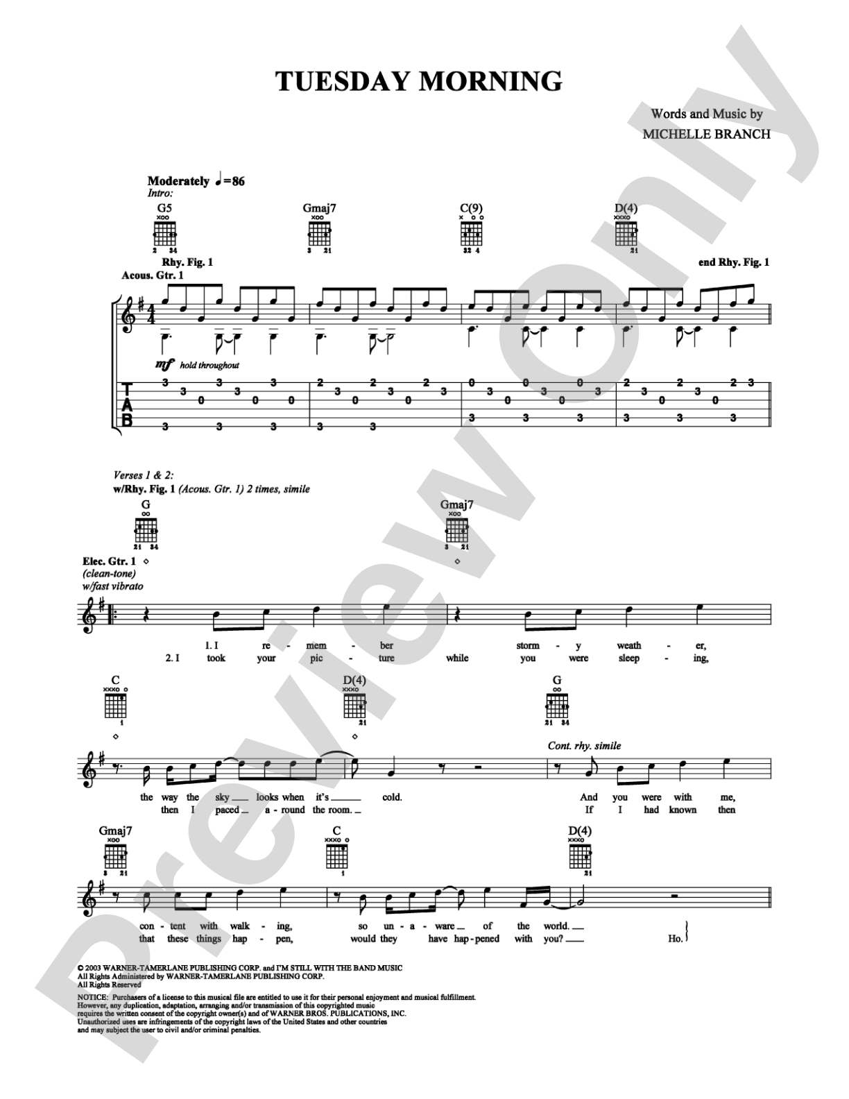 Tuesday Morning: Guitar TAB Digital Sheet Music