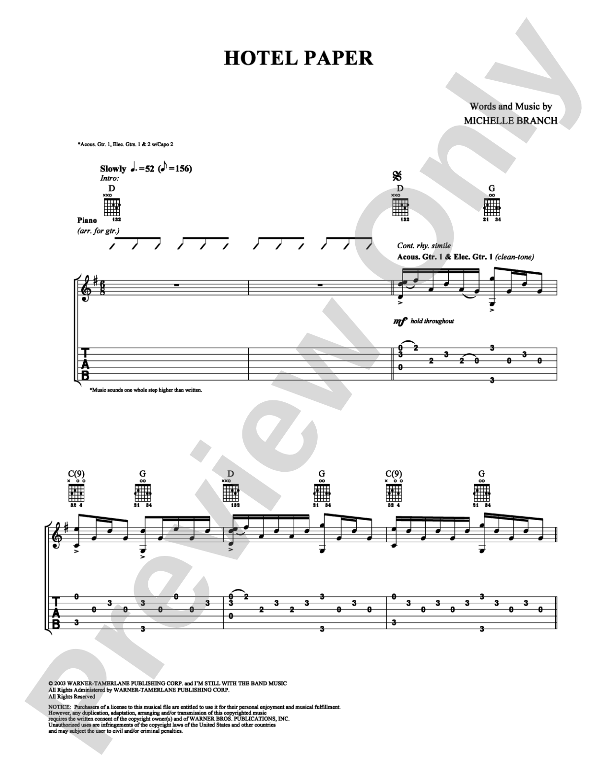 Hotel Paper: Guitar TAB Digital Sheet Music