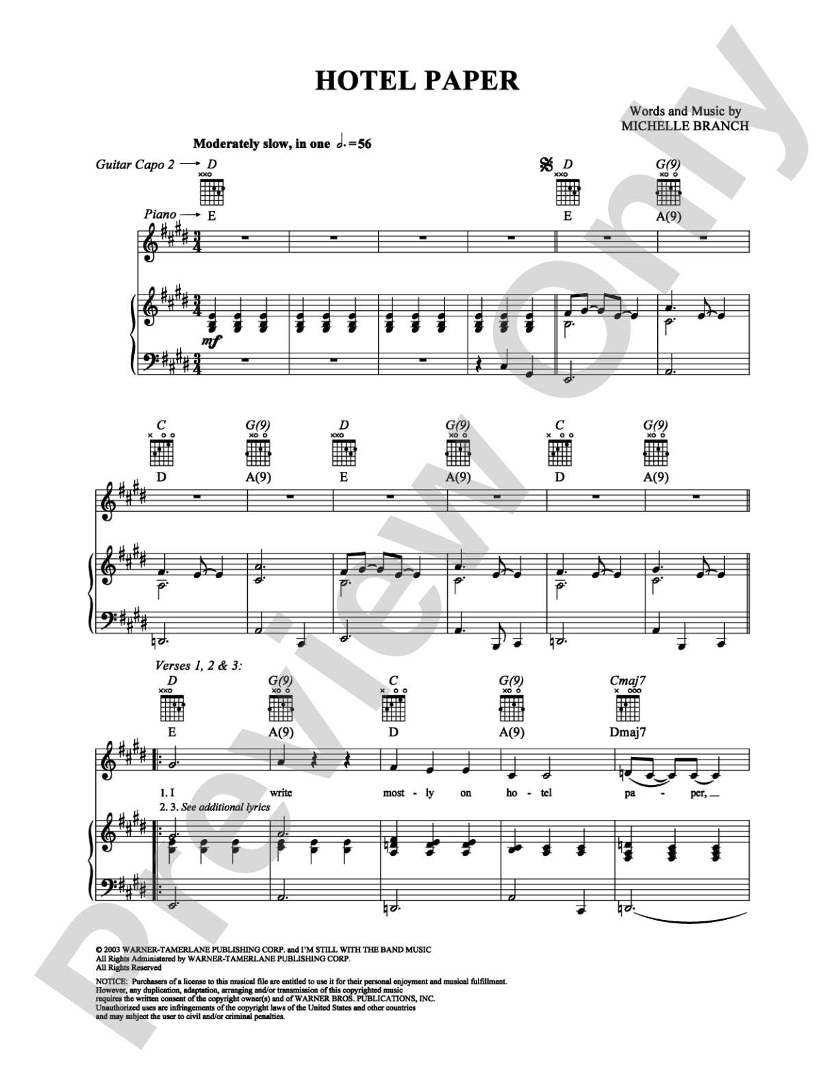 Hotel Paper: Piano/Vocal/Chords Digital Sheet Music