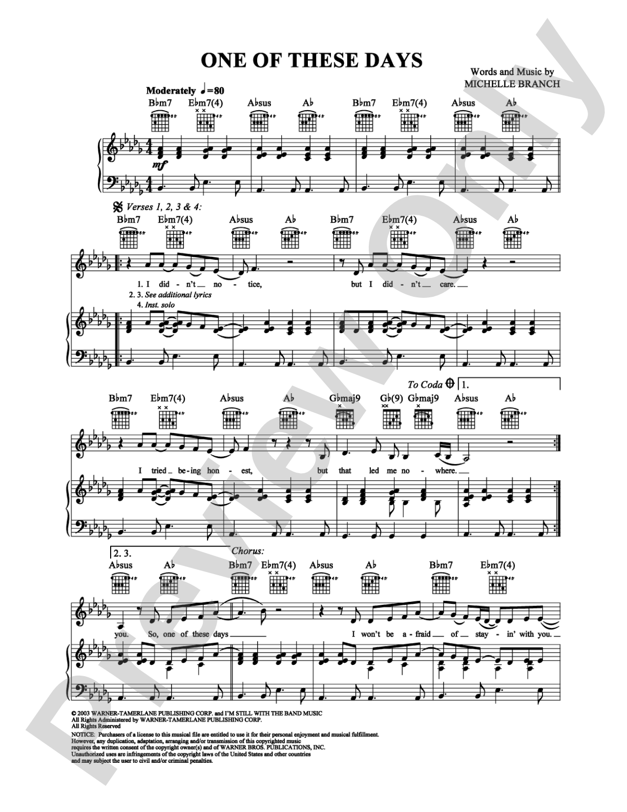 One of These Days: Piano/Vocal/Chords Digital Sheet Music