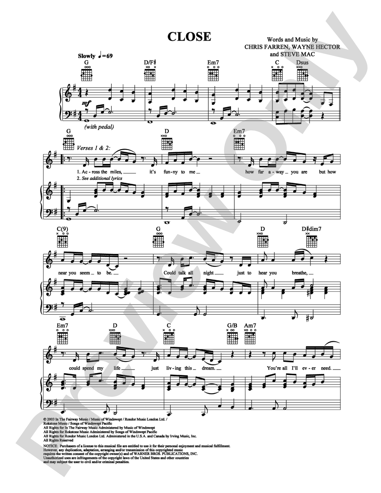 Close: Piano/Vocal/Chords Digital Sheet Music
