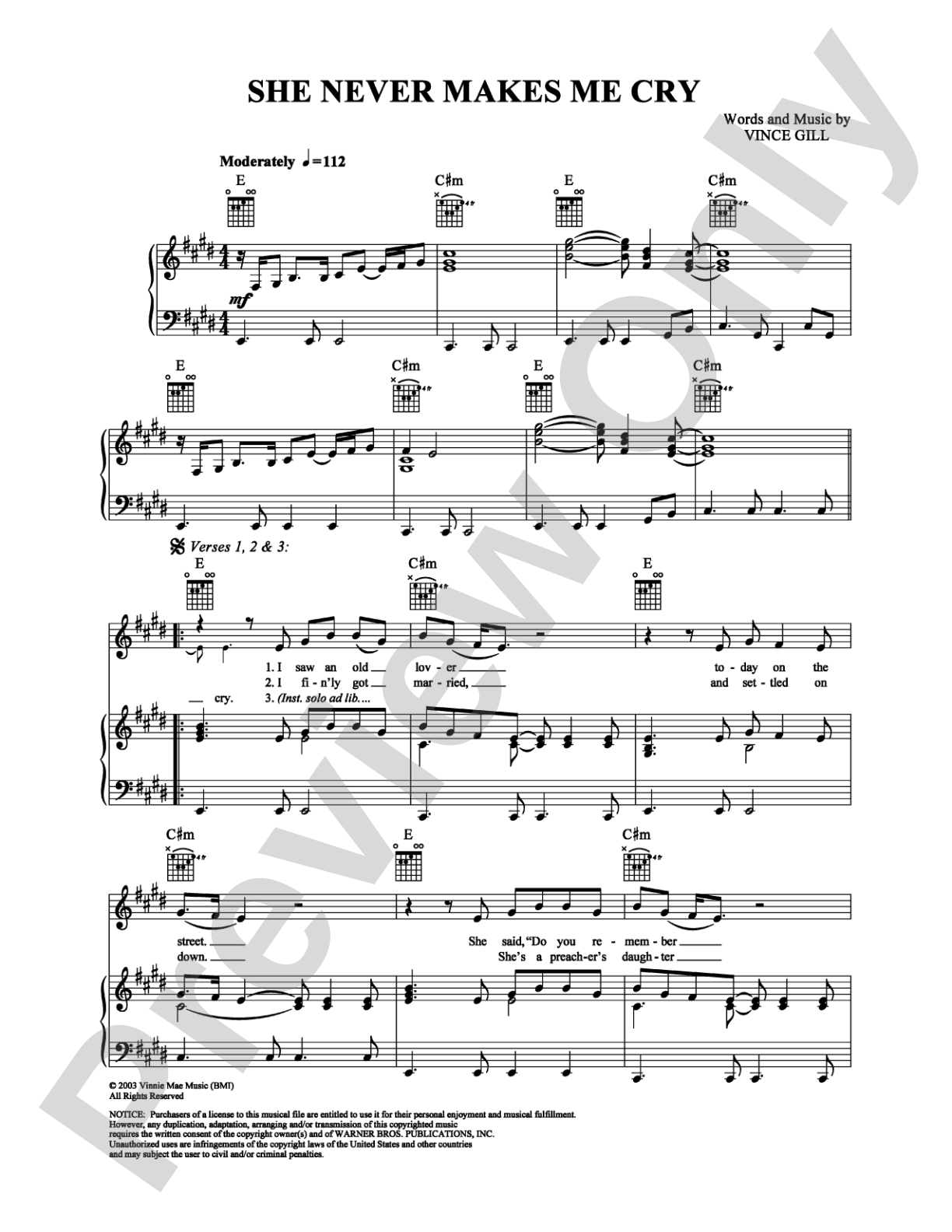 She Never Makes Me Cry: Piano/Vocal/Chords Digital Sheet Music