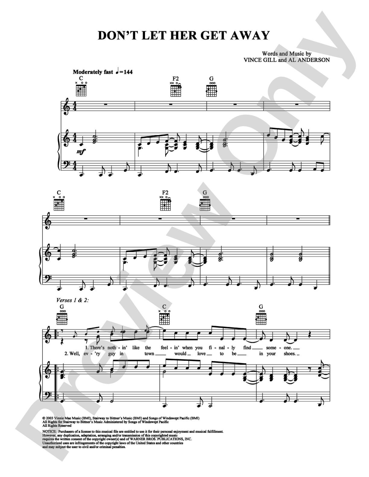 Don't Let Her Get Away: Piano/Vocal/Chords Digital Sheet Music