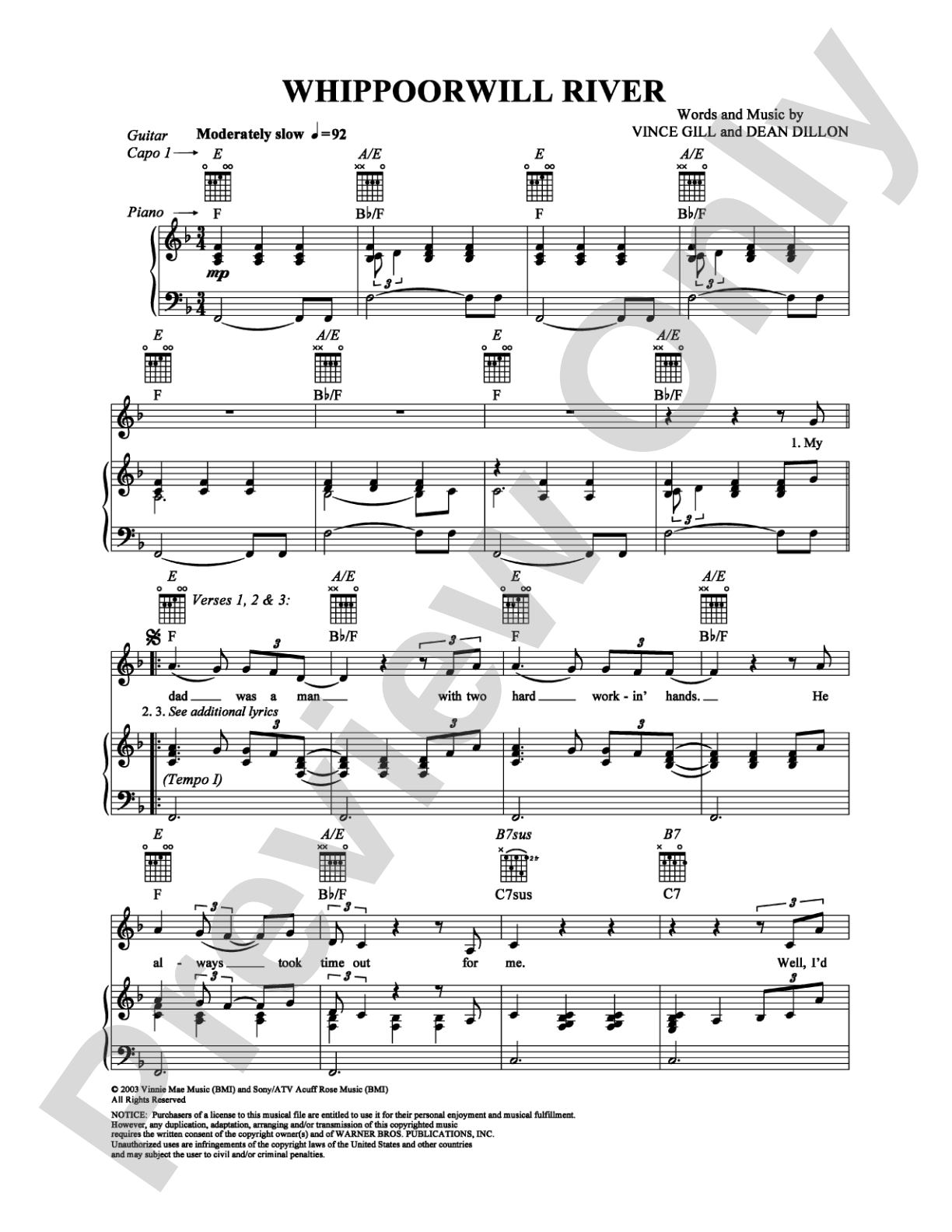 Whippoorwill River: Piano/Vocal/Chords Digital Sheet Music