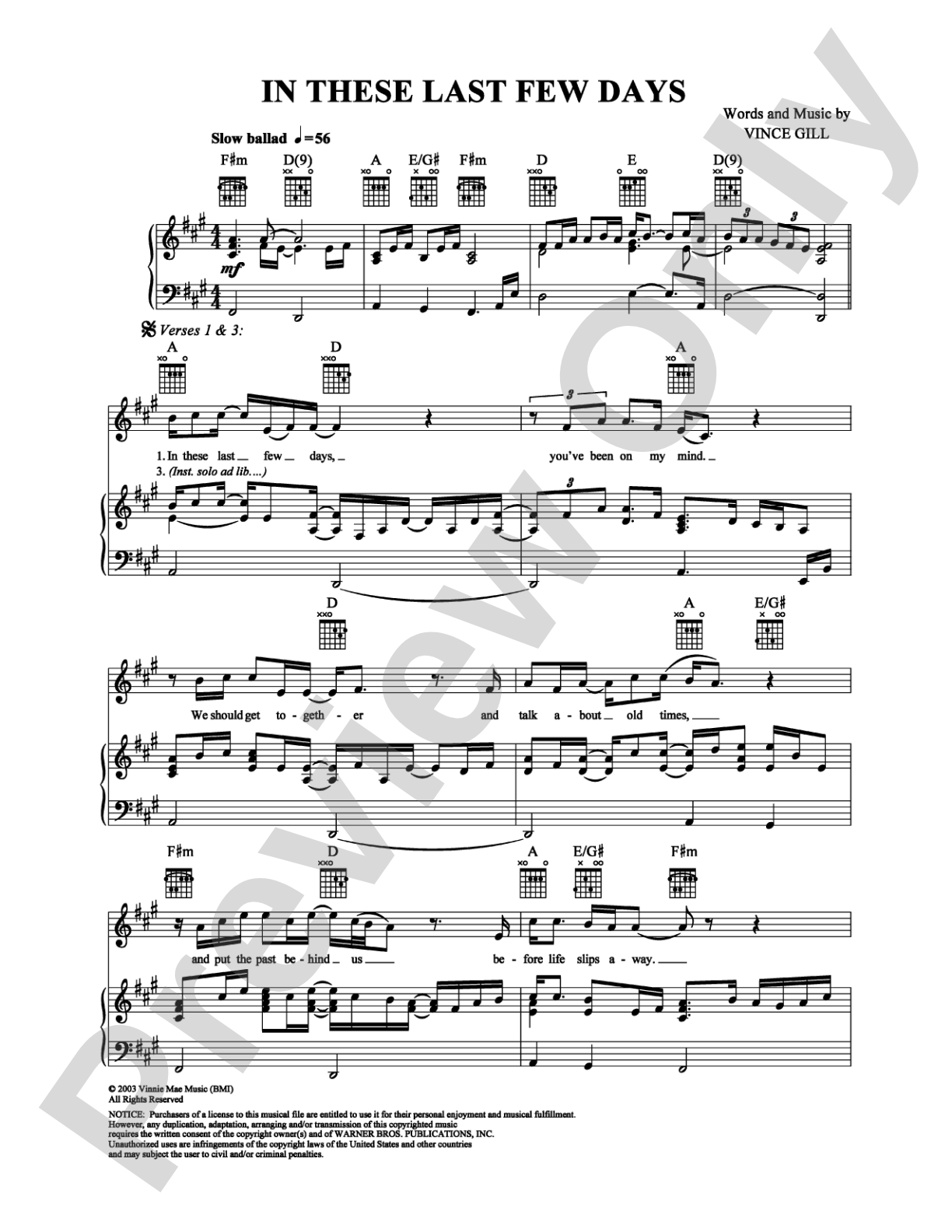In These Last Few Days: Piano/Vocal/Chords Digital Sheet Music
