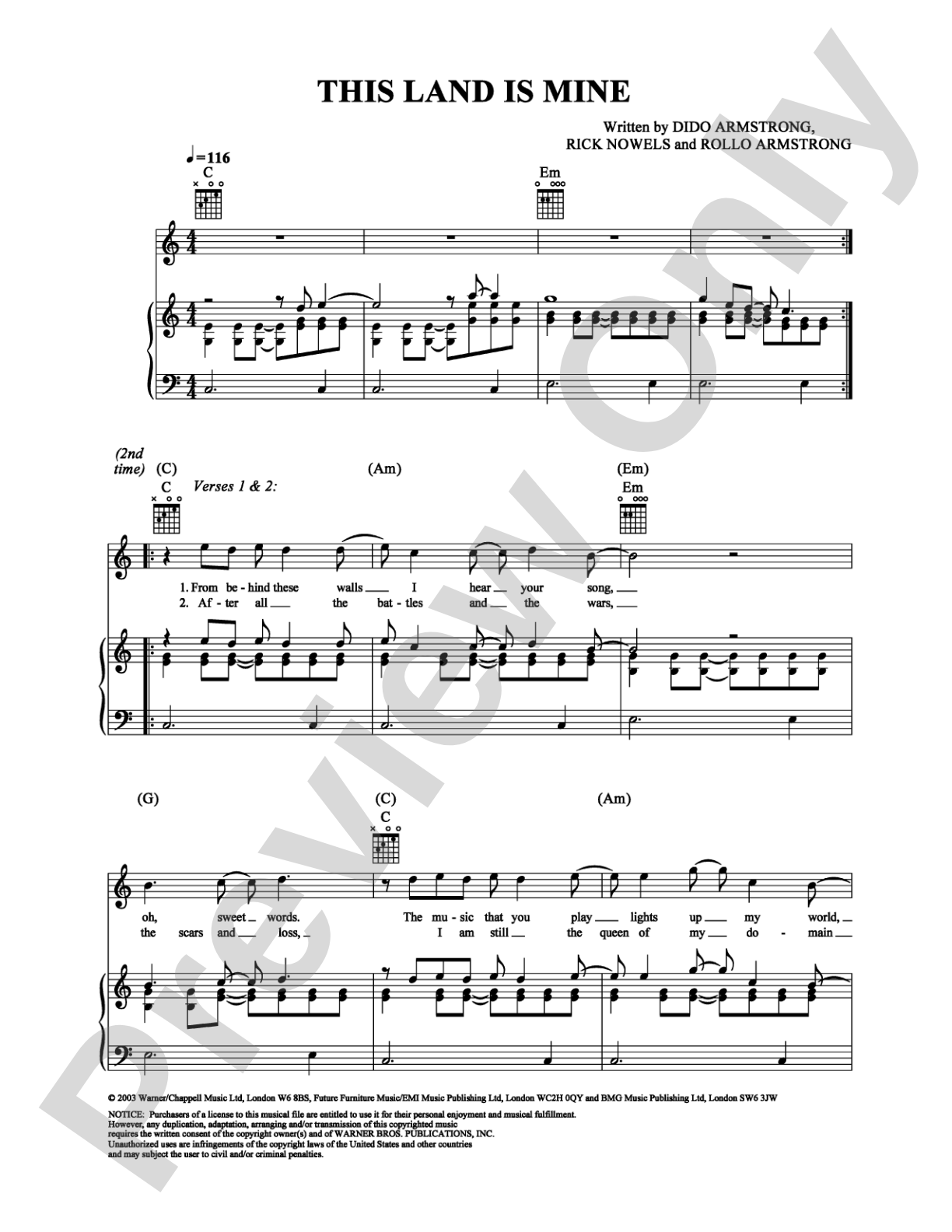 This Land Is Mine: Piano/Vocal/Chords Digital Sheet Music