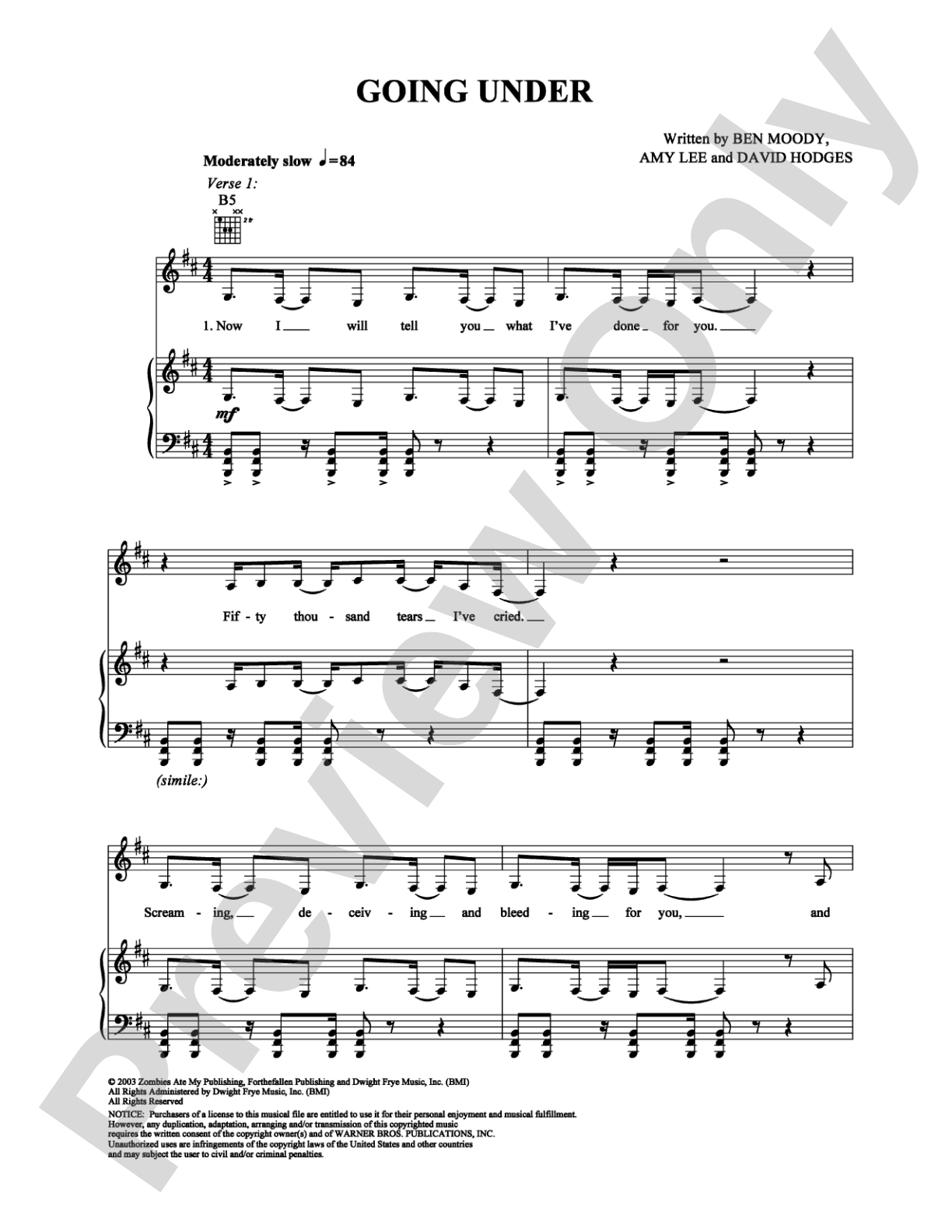 Going Under: Piano/Vocal/Chords Digital Sheet Music