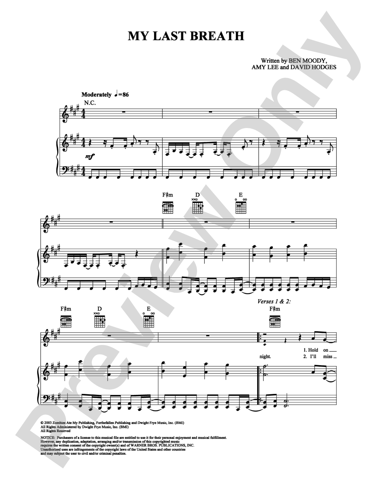My Last Breath: Piano/Vocal/Chords Digital Sheet Music