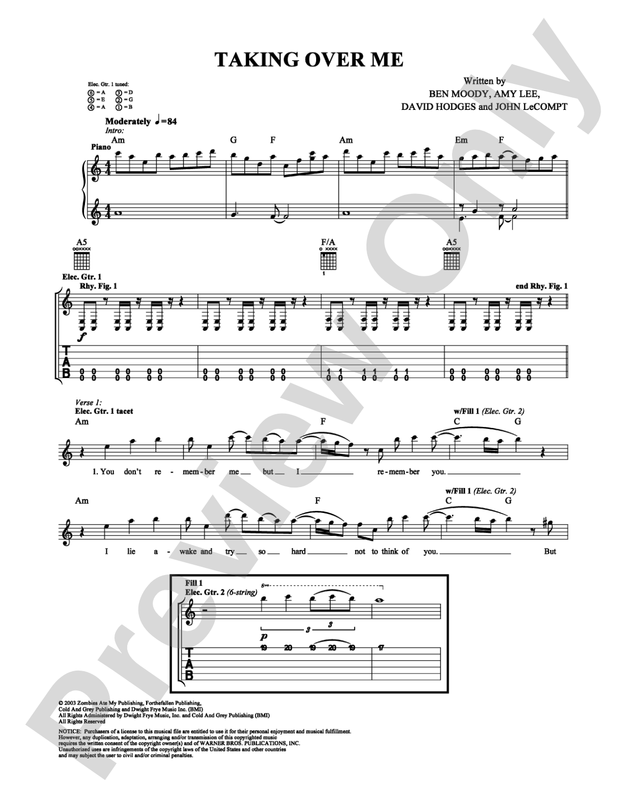 Taking Over Me: Guitar TAB Digital Sheet Music
