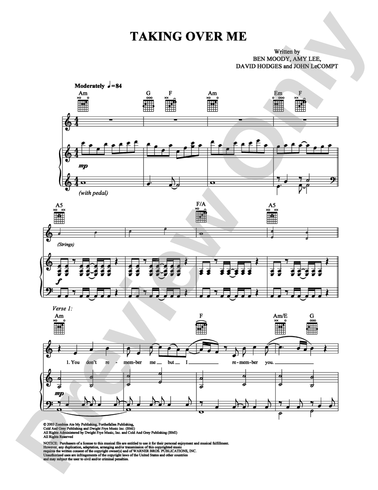 Taking Over Me: Piano/Vocal/Chords Digital Sheet Music
